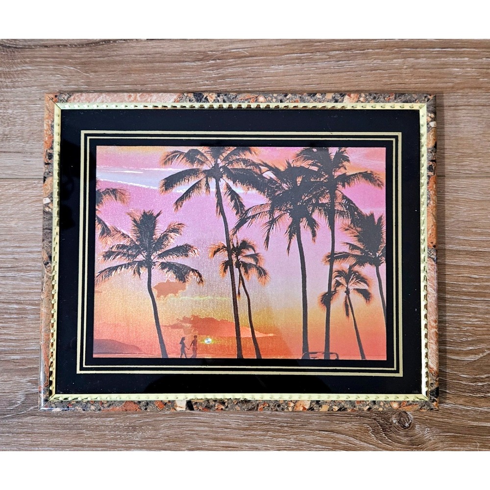 Vintage 80s Tropical Sunset Framed Art Palm Trees Couple Beach Pink Purple Large